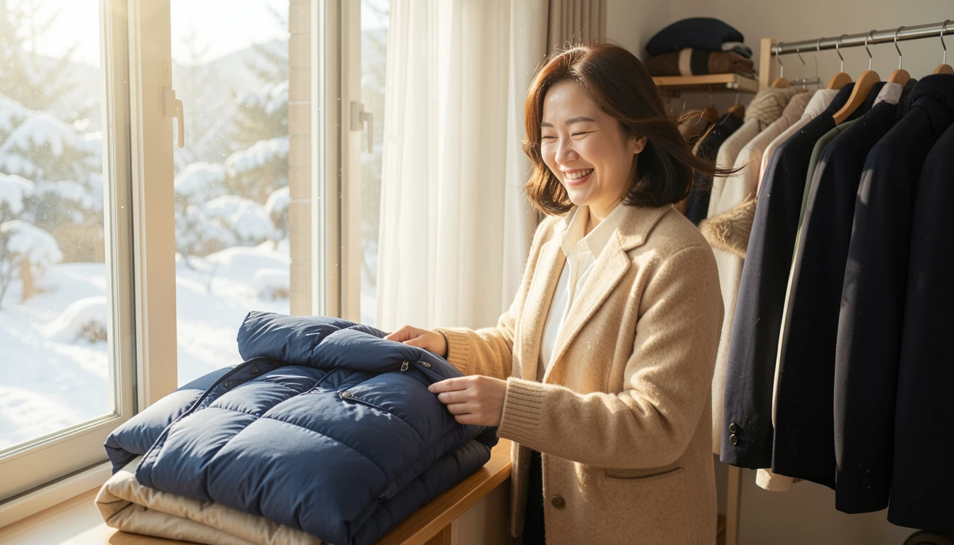 스타일러 패딩 관리 엄마 창가에서 겨울 패딩과 교복 정리하며 미소, 햇살과 시원한 바람 느끼는 장면