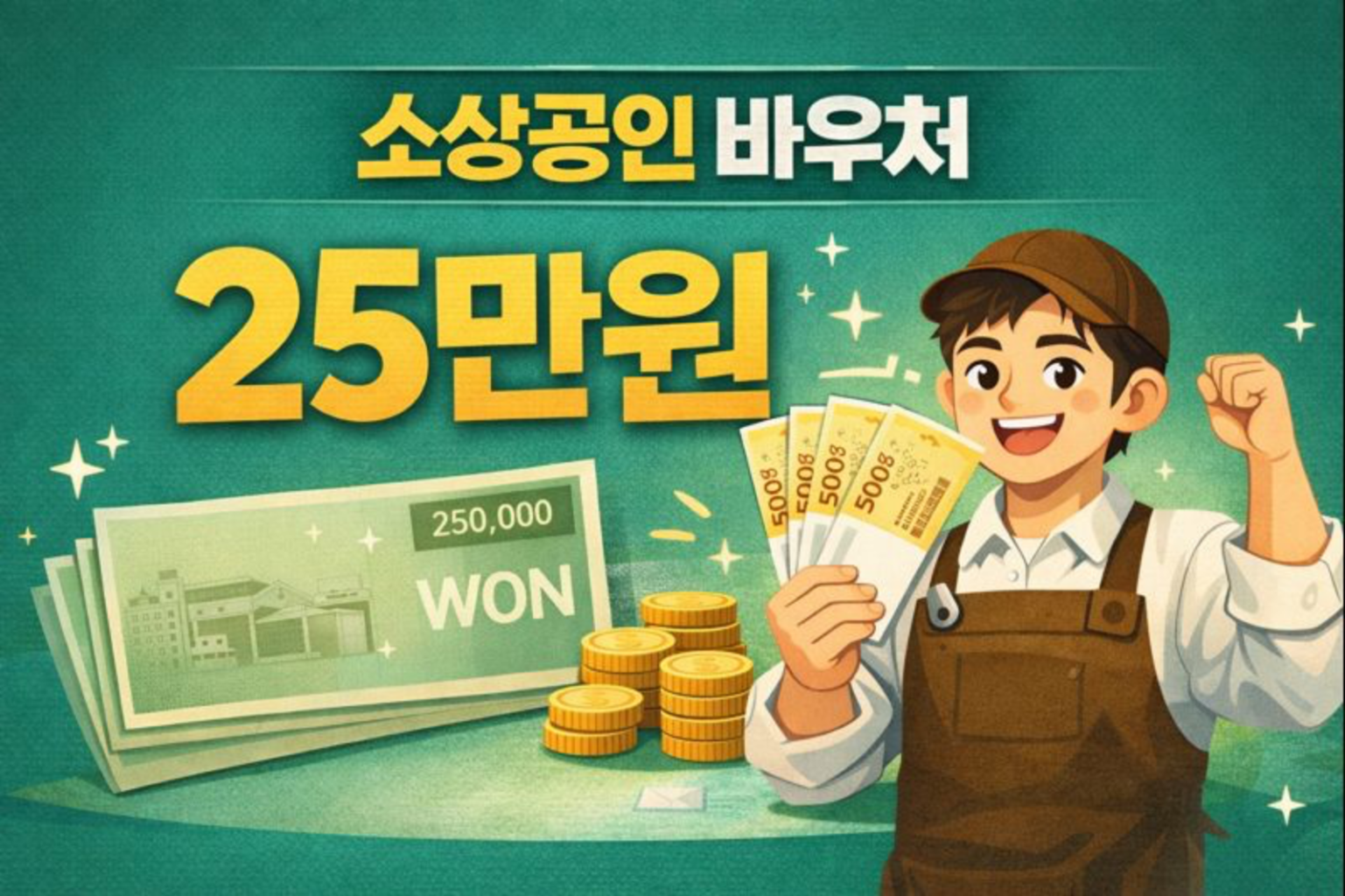 소상공인 바우처 25만원 안내 이미지입니다. 카페 사장님이 자신의 경험담을 알려주고 있습니다. 웃고 있는 남자 사장님입니다.