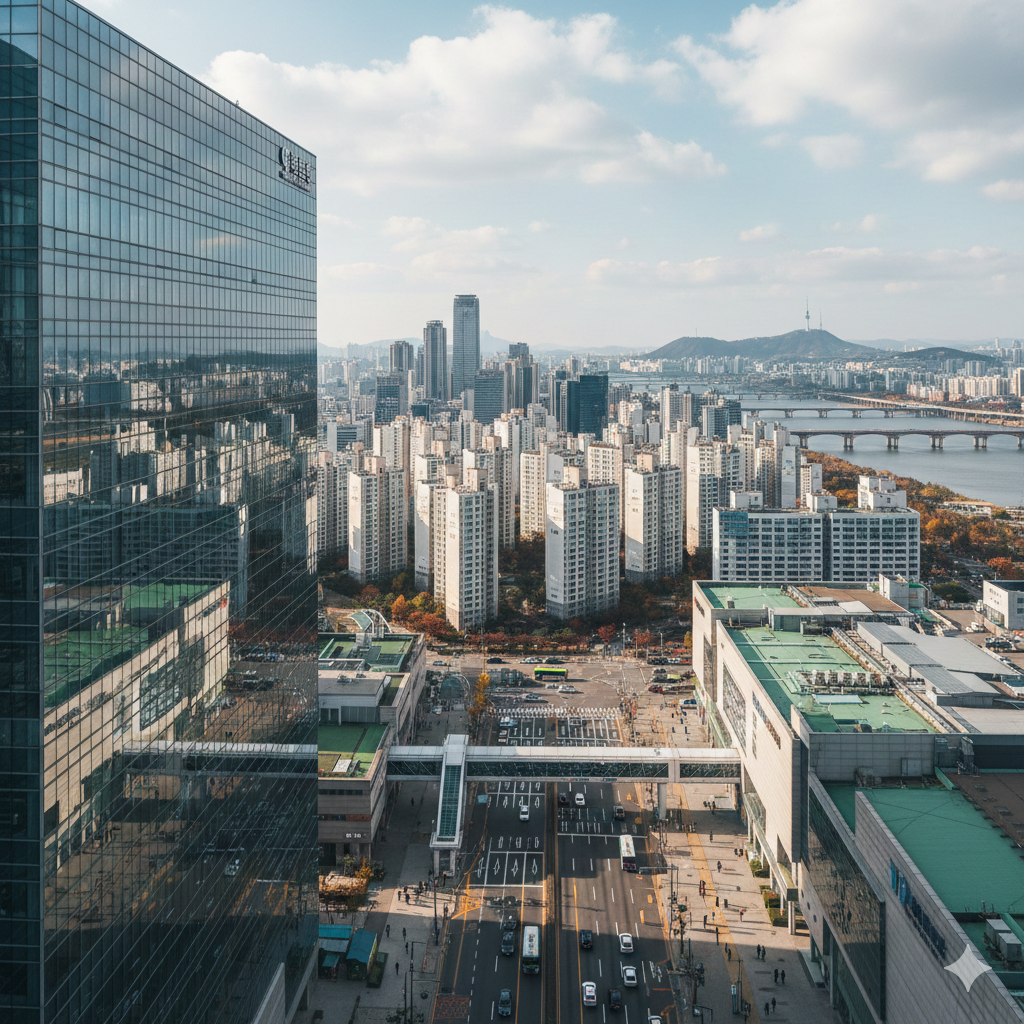 수도권 용산 주택공급 2026년도 대책으로 용산 전경을 하늘에서 본 모습이다. 도심 빌딩과 아파트를 볼 수 있습니다.