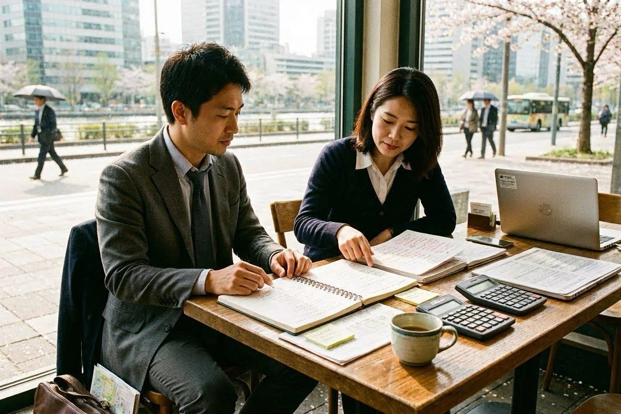 연말정산 실수 여의도 카페에서 남성이 연말정산 실수 오답노트 확인하다.