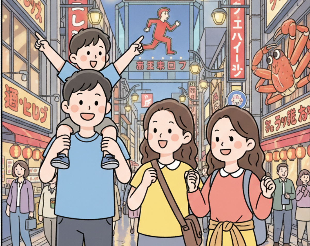 japan 일본여행 여권 분실 총영사관 가기 전 오사카 여행을 즐기는 엄마아빠 4인 가족의 거리 감상하는 모습입니다.