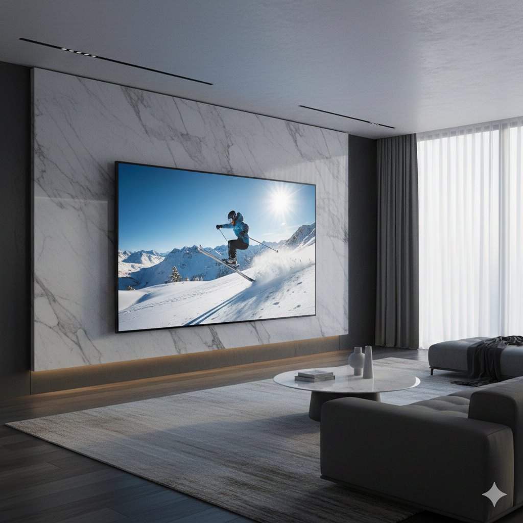LG 올레드 TV 화질 볼 수 있는 아파트 거실에 연출된 이미지입니다. 쇼파에서 TV를 바라보는 모습입니다. 흰 벽을 두고 설치한 TV입니다.