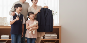 LG 스타일러 구매에 가족들이 즐거워 하는 모습입니다. 아빠, 엄마, 아들, 딸 모두 웃음 꽃이 피어나네요.