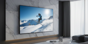 LG 올레드 TV 화질 볼 수 있는 아파트 거실에 연출된 이미지입니다. 쇼파에서 TV를 바라보는 모습입니다. 흰 벽을 두고 설치한 TV입니다.