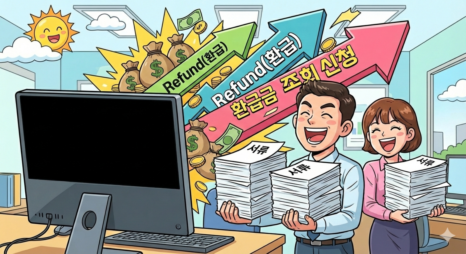국세청 연말정산 자녀 세액공제을 신청하는 남녀가 컴퓨터 모니터를 보면서 웃는 모습입니다.