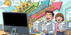 국세청 연말정산 자녀 세액공제을 신청하는 남녀가 컴퓨터 모니터를 보면서 웃는 모습입니다.
