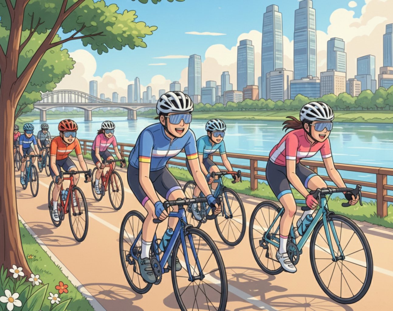 bike- 자전거사고 보상 한강 자전거 그룹 라이딩 급브레이크 매우 조심해야 하는 것을 주의하는 자전거 동호회 모습입니다.
