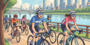 bike- 자전거 사고 보상 한강 자전거 그룹 라이딩 급브레이크 매우 조심해야 하는 것을 주의하는 자전거 동호회 모습입니다.
