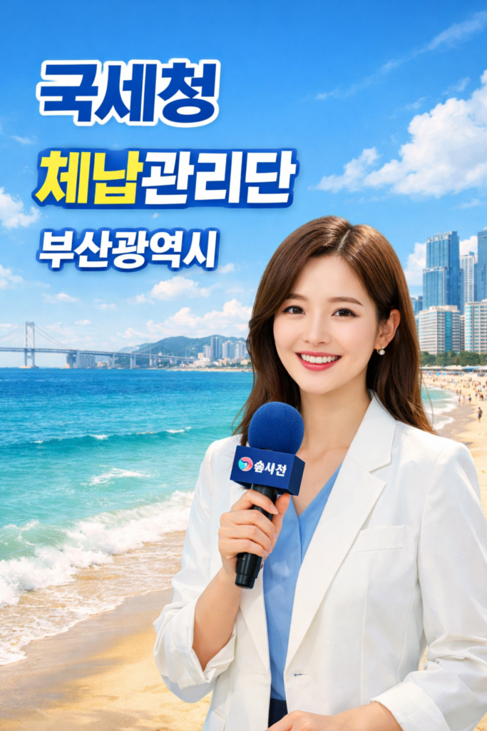 국세청 체납관리단 부산시에서 여성 리포터 세금 관련 설명하는 모습이다.