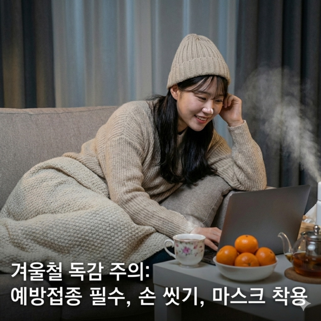겨울철 독감에 걸린 여성이 쇼파에 앉아 노트북으로 업무를 보고 있다. 홍차와 감귤이 테이블 위에 놓여 있다.