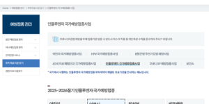 독감 유행 인플루엔자 질병관리청 예방접종도우미 사이트에서 어린이, 어르신, 임산부 무료 백신을 안내하는 화면이미지
