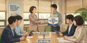 서울시 기간제 근로자 국세청에서 모집 관련 직원 6명이 회의하는 모집입니다. 책장에 앉아 정부 정책을 설명한다