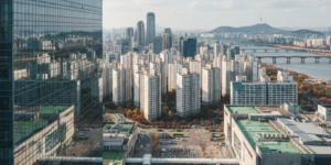 수도권 용산 주택공급 2026년도 대책으로 용산 전경을 하늘에서 본 모습이다. 도심 빌딩과 아파트를 볼 수 있습니다.