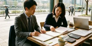 연말정산 실수 여의도 카페에서 남성이 연말정산 실수 오답노트 확인하다.