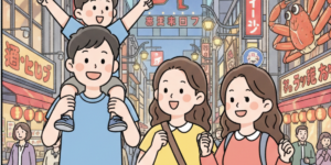 japan 일본여행 여권 분실 총영사관 가기 전 오사카 여행을 즐기는 엄마아빠 4인 가족의 거리 감상하는 모습입니다.