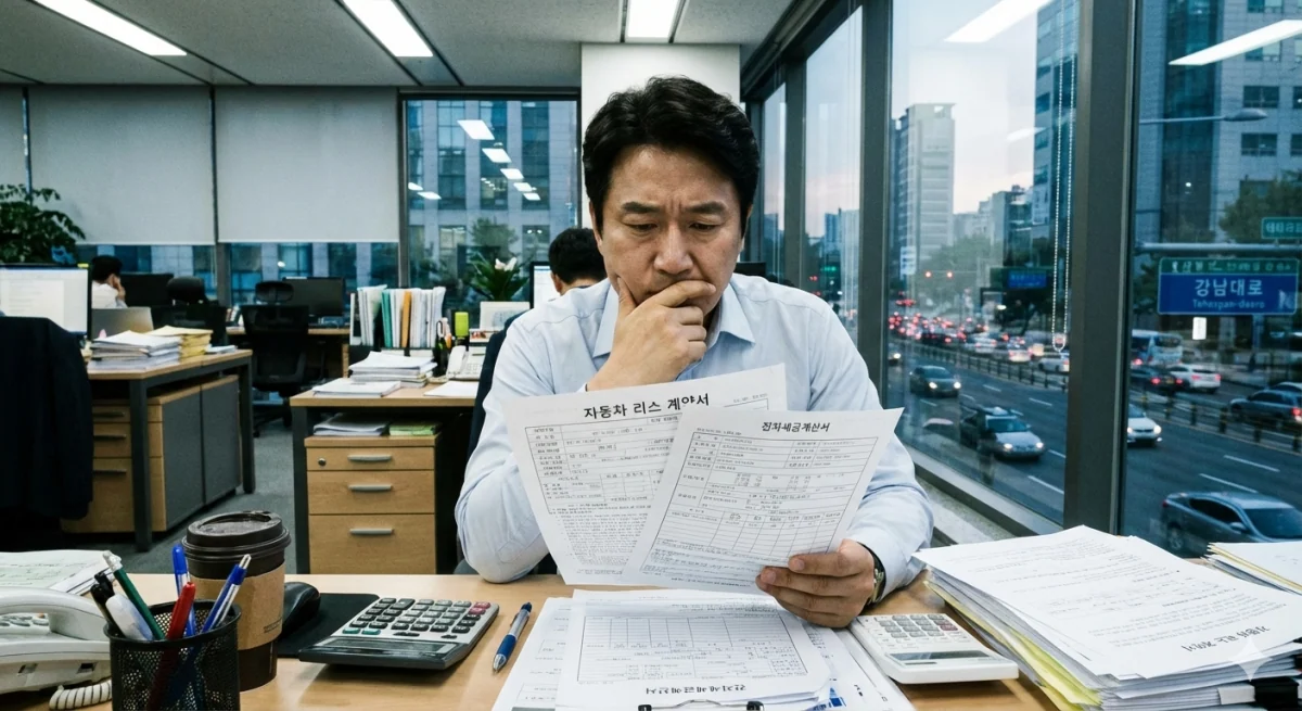개인사업자 자동차 운용리스 계약서를 보고서 고민하는 40대 중년 남성입니다. 강남대로 빌딩 사무실에 서류와 계산서를 보고 있습니다.