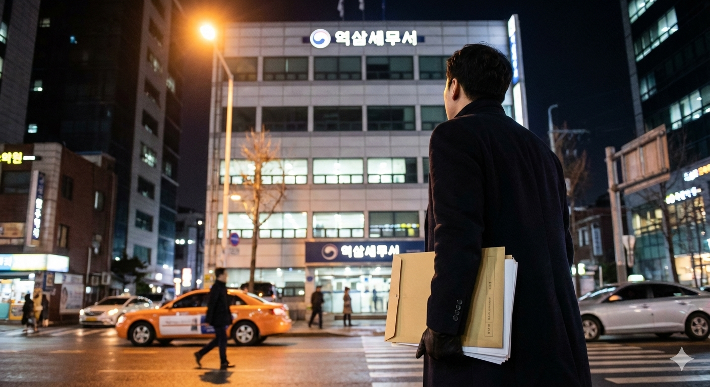 근로장려금 부적격 통보 안내로 한 남성이 도로에서 세무서 방향으로 서류 뭉치를 가지고 건너가는 모습입니다.
