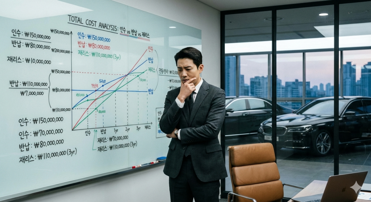 금융리스 5년 만기 인수, 반납, 재리스 실행에 대해서 고민하는 남성입니다. 옆면 큰 보드에 하나부터 열까지 금액을 계산하고 있습니다.