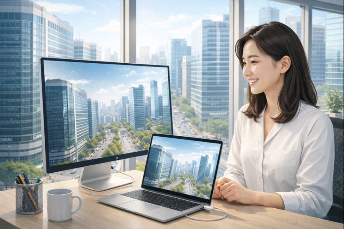맥북 추가 모니터 강남 사무실에 여성이 맥북 과 애플 스튜디오 디스플레이 연결하는 것에 웃는 얼굴로 책상에 앉아 있다.