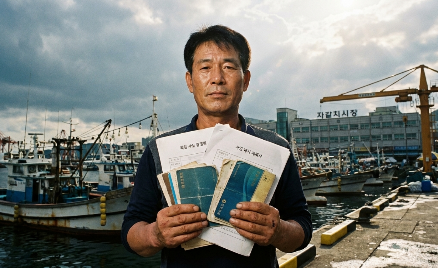 부산시 소상공인 폐업지원 최대 350만 원에 신청하는 50대 중년의 남성이 부산 항구를 배경으로 삶의 경험과 노력이 보입니다.