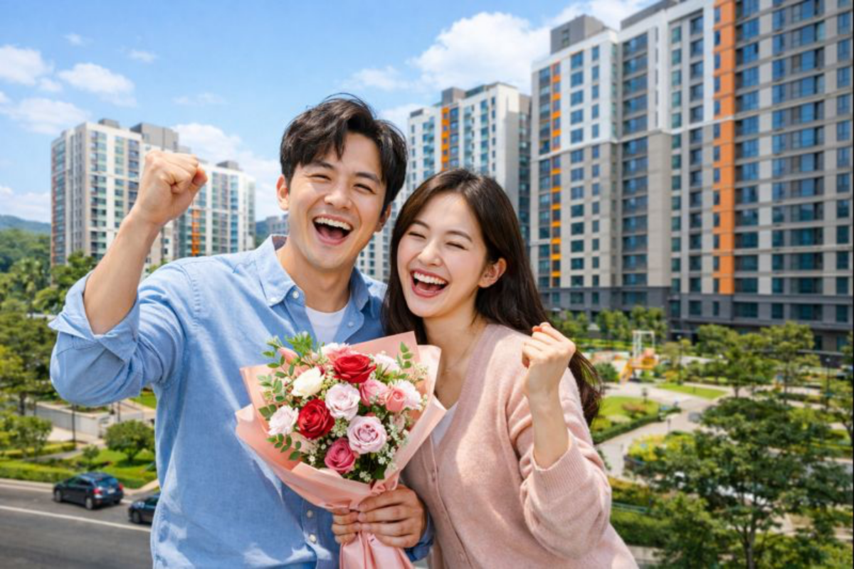 생애최초 특별공급 아파트 입주 축하하는 부부가 꽃다발을 들고 웃음 모습으로 아파트 단지 앞에서 사진을 찍고 있습니다.