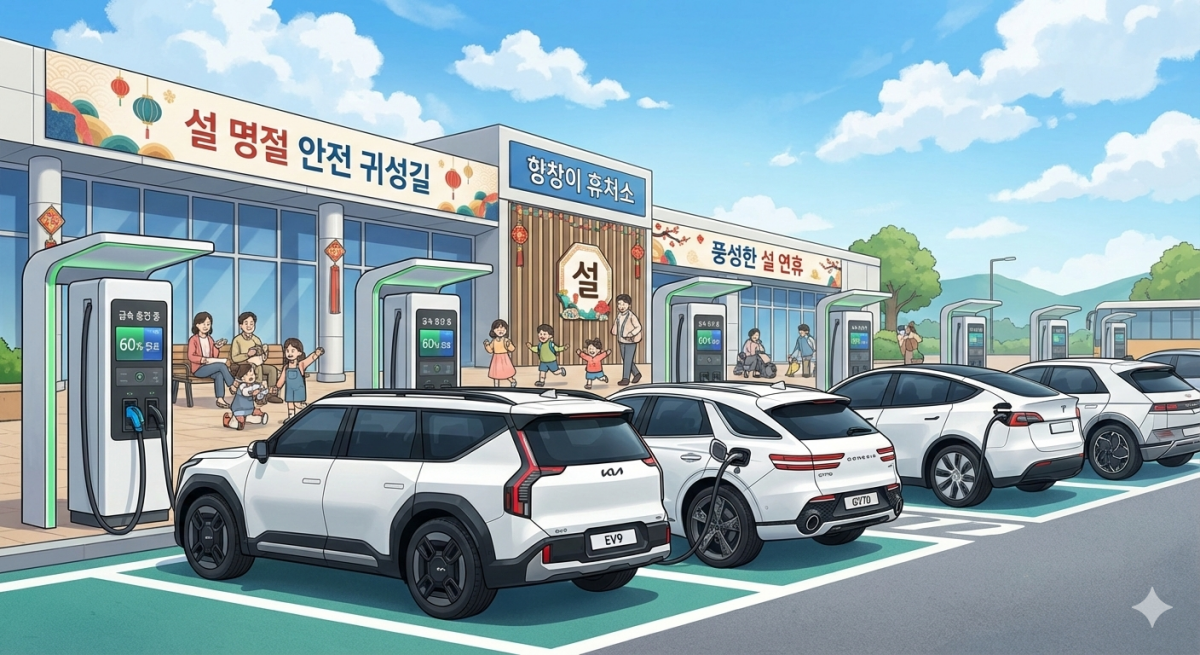 설날 전기차 충전 기아차, 현대차, 테슬라까지 다양한 종류의 전기차가 대한민국 휴게소에 볼 수 있는 2026년 설 명절 연휴입니다. 휴게소 앞마당에 전기차와 사람들의 모습입니다.
