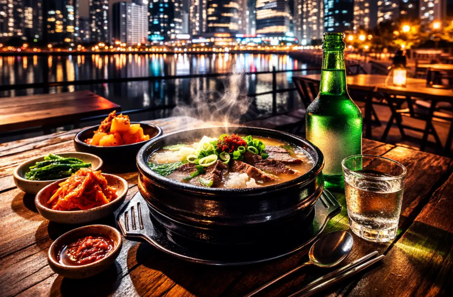 송도 브릿지 호텔 주변 맛집 리스트 입니다. 송도 센트럴파크를 바라보면 국밥과 소주가 한상 차려진 모습입니다. 출국 전 새벽 식사입니다.
