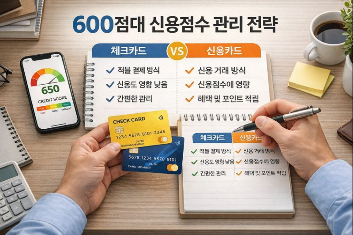 신용점수 600점대 카드 승인 처음부터 전략적으로 접근 필요합니다. 한 남성이 책상에서 노트 필기 중이다. 신용카드 2개, 볼펜, 스마트폰 놓고 열심히 관리 전략을 준비한다