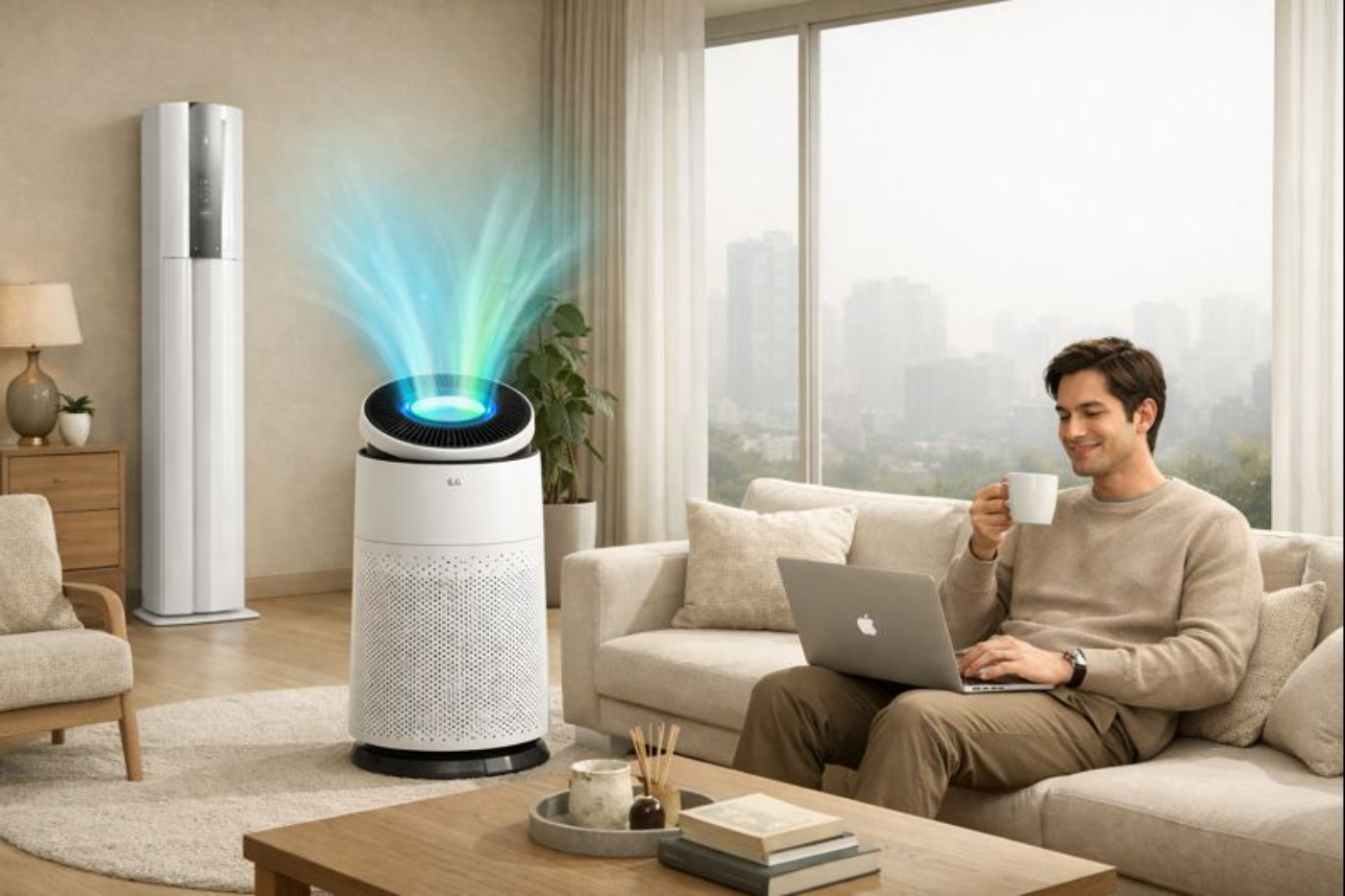 LG-에어컨 공기청정 사용과 퓨리케어 오브제컬렉션 AI 360 공기청정기 함께 사용할 때 시너지 효과를 한 남성이 쇼파에 앉아 느끼면서 맥북으로 업무 작업 중인 이미지입니다.