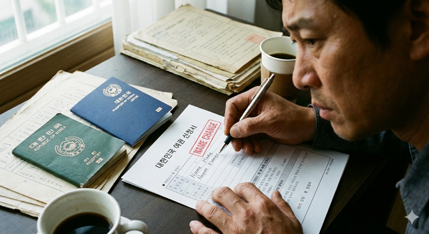 여권 영문 이름 변경 책상에 앉아 변경 신청서를 작성하는 남성입니다. 커피 한잔을 마시며 집중을 다해 작성 중입니다.