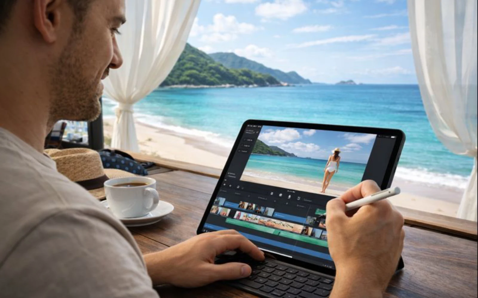 여행 영상편집 아이패드 프로 11인치 여행 중 바로 4K 영상을 바닷가 카페에서 작업하는 모습입니다. 테이블 위에 커피 한잔과 애플펜슬이 더욱 더 빛나네요.