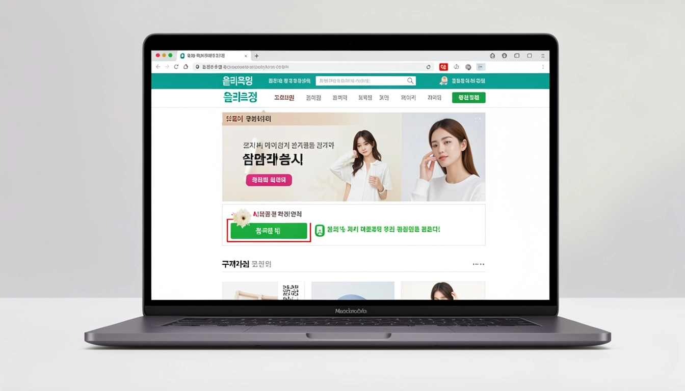 오늘드림 쿠폰 오류 맥북 프로에 열린 쇼핑몰 페이지, 올리브영 쿠폰 적용 버튼과 실패 메시지 구매자 모니터링 한다