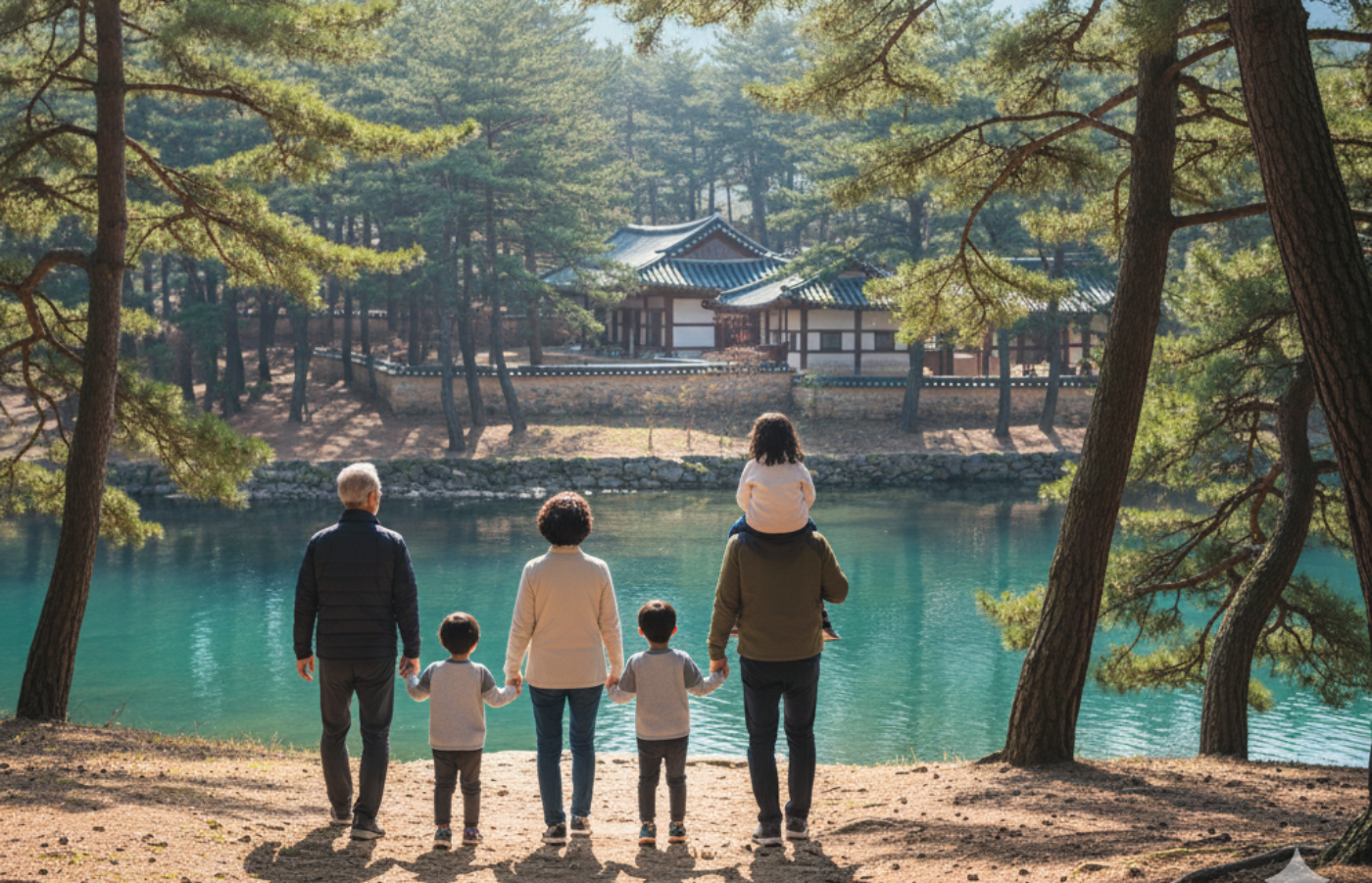 왕과 사는 남자 영월 촬영지 여행으로 소나무 숲에서 한옥을 바라고 있는 가족 사진입니다.