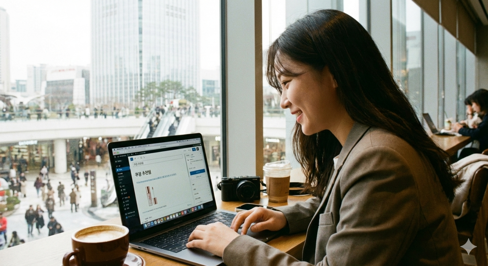 워드프레스 애드센스 초보자 수익 창출을 위해 여성 블로그 운영자가 카페에서 맥북 프로를 가지고 디지털 콘텐츠 작업하는 모습이다. 창가에 커피와 가방이 놓여 있다.