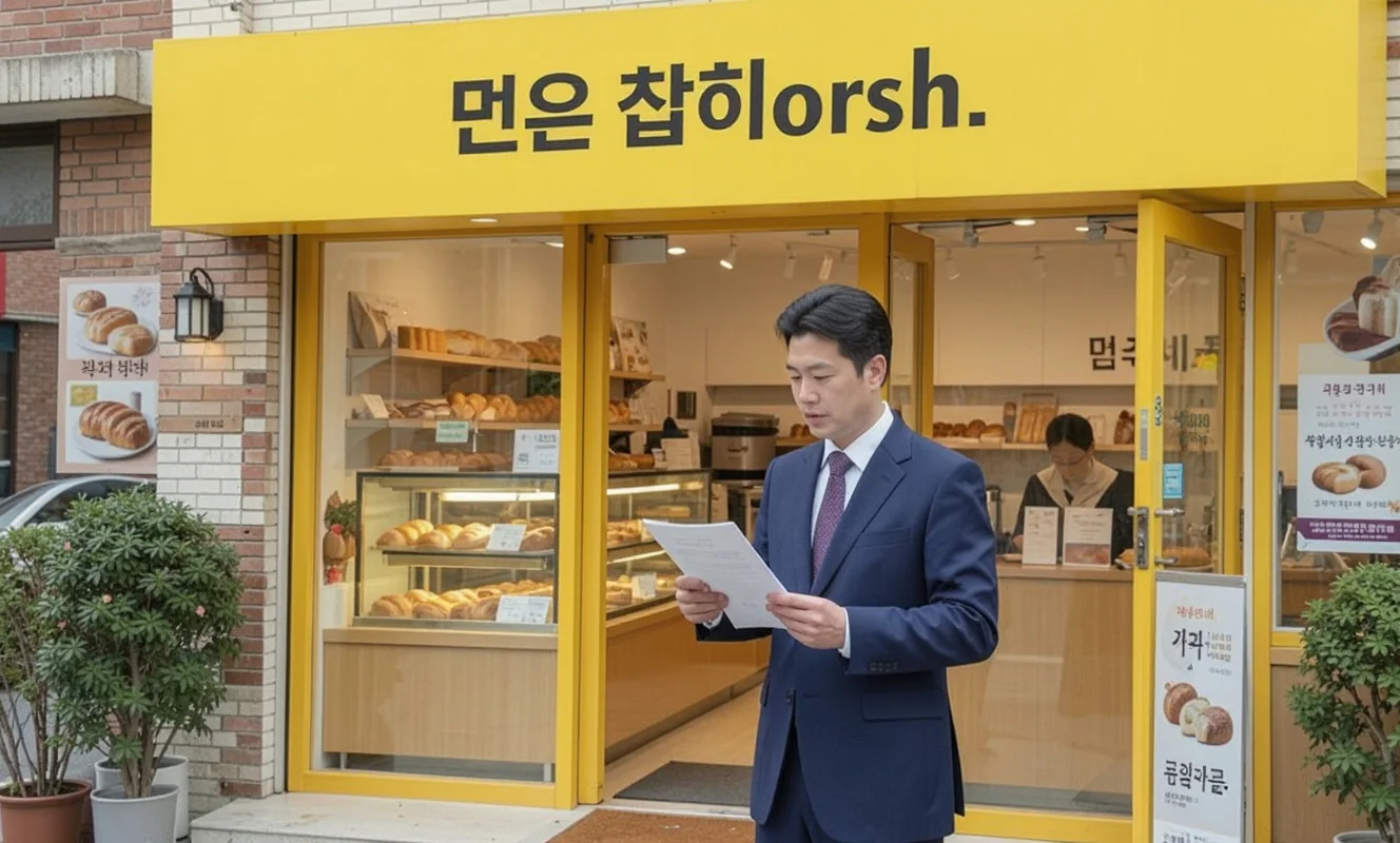 자영업자 노란우산공제 가입 빵집 자영업자 사장님이 가게 앞에서 서류를 읽고 보고 있다
