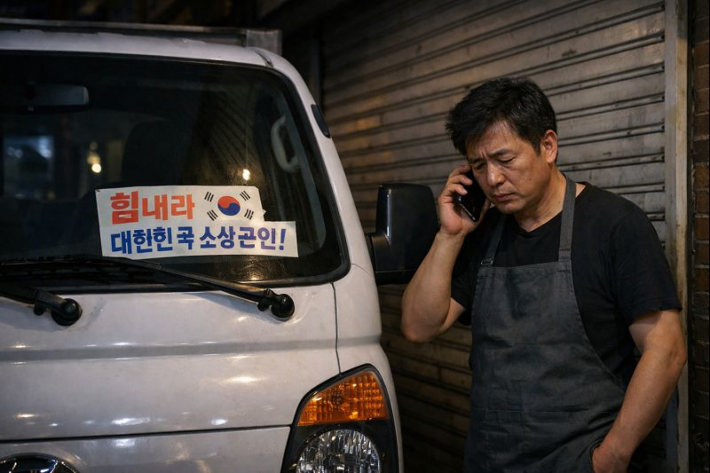 장기렌트료 연체 상담을 하는 소상공인 남성분이 렌트카 앞에서 전화 상담하는 모습입니다.