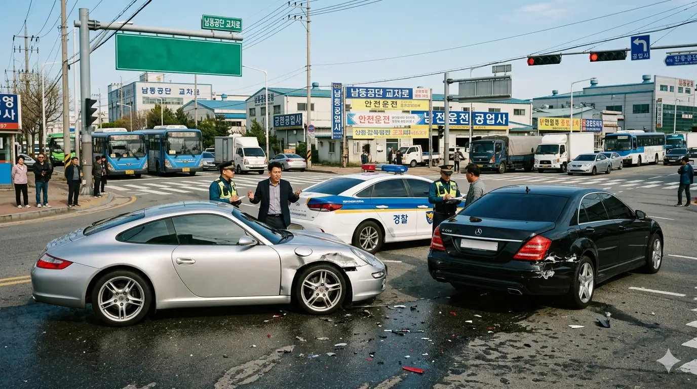 장기렌트 사고 대차 비용 사업을 운영하는 40대 운전자가 교차로 사고로 과실이 인정. 포르쉐와 벤츠S가 사고 경찰차가 왔다