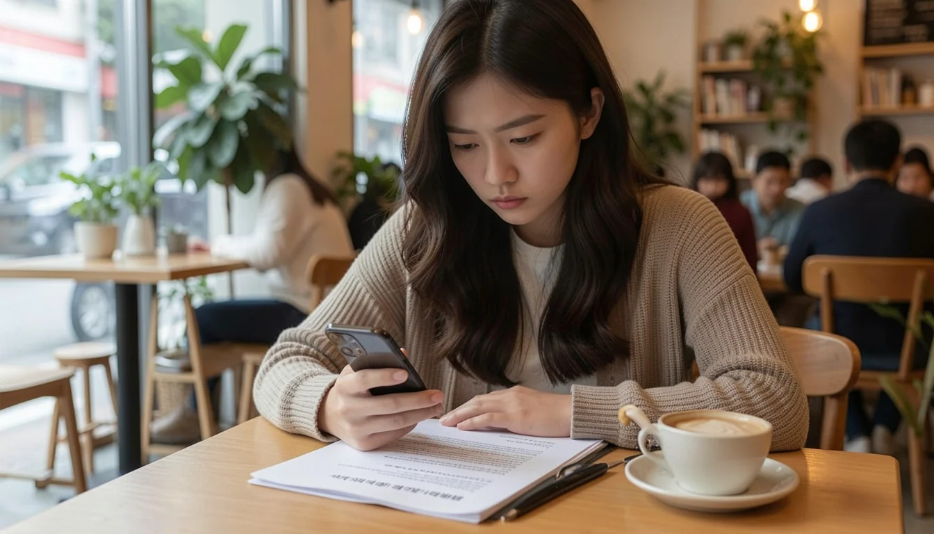장기렌트 중도해지 위약금 계산하는 여성이 카페 테이블에서 스마트폰으로 확인 중입니다. 장기렌트카 계약서를 보면서 승계 여부를 판단합니다.