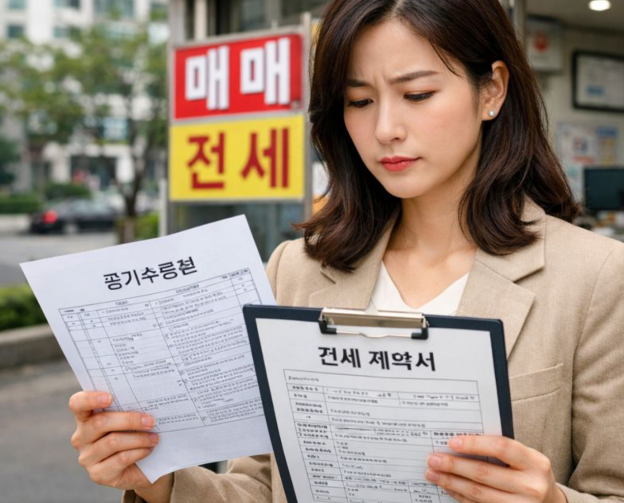 전세보증금 지키는 법 전세 계약에 앞서 여성 고객이 부동산 앞에서 서류 검토하는 중입니다. 등기부등본부터 전세 계약서 특약까지 확인합니다.