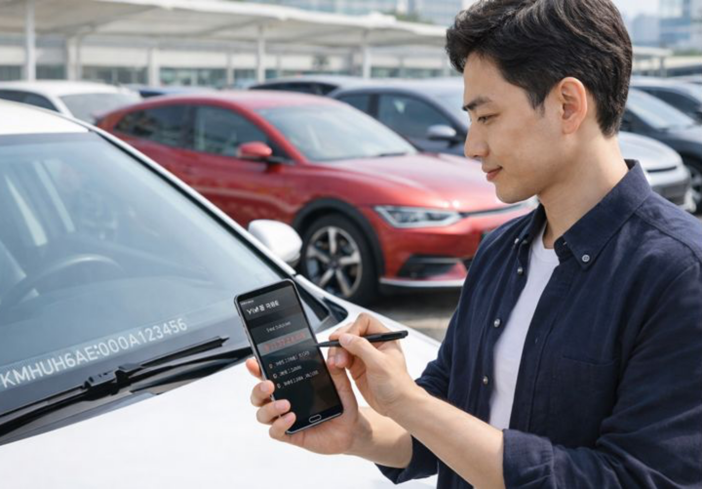 중고 전기차 구매 전 남성이 차대 번호 조회를 스마트폰으로 무공해차통합누리집에서 확인하고 있습니다. 다양한 중고 전기차가 전시되어 있습니다.