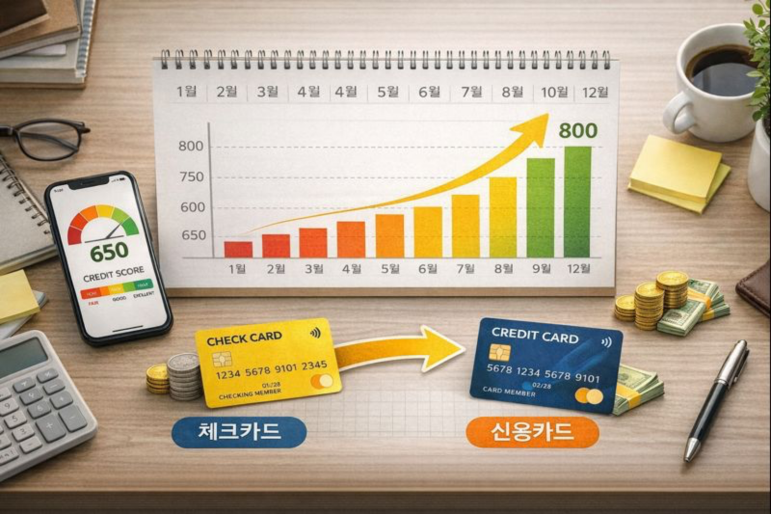 카드사 내부등급 체크카드, 신용카드가 책상 위에 있다. 달력에 신용점수 그래프 확인과 스마트폰 내부등급 확인하는 그림입니다.