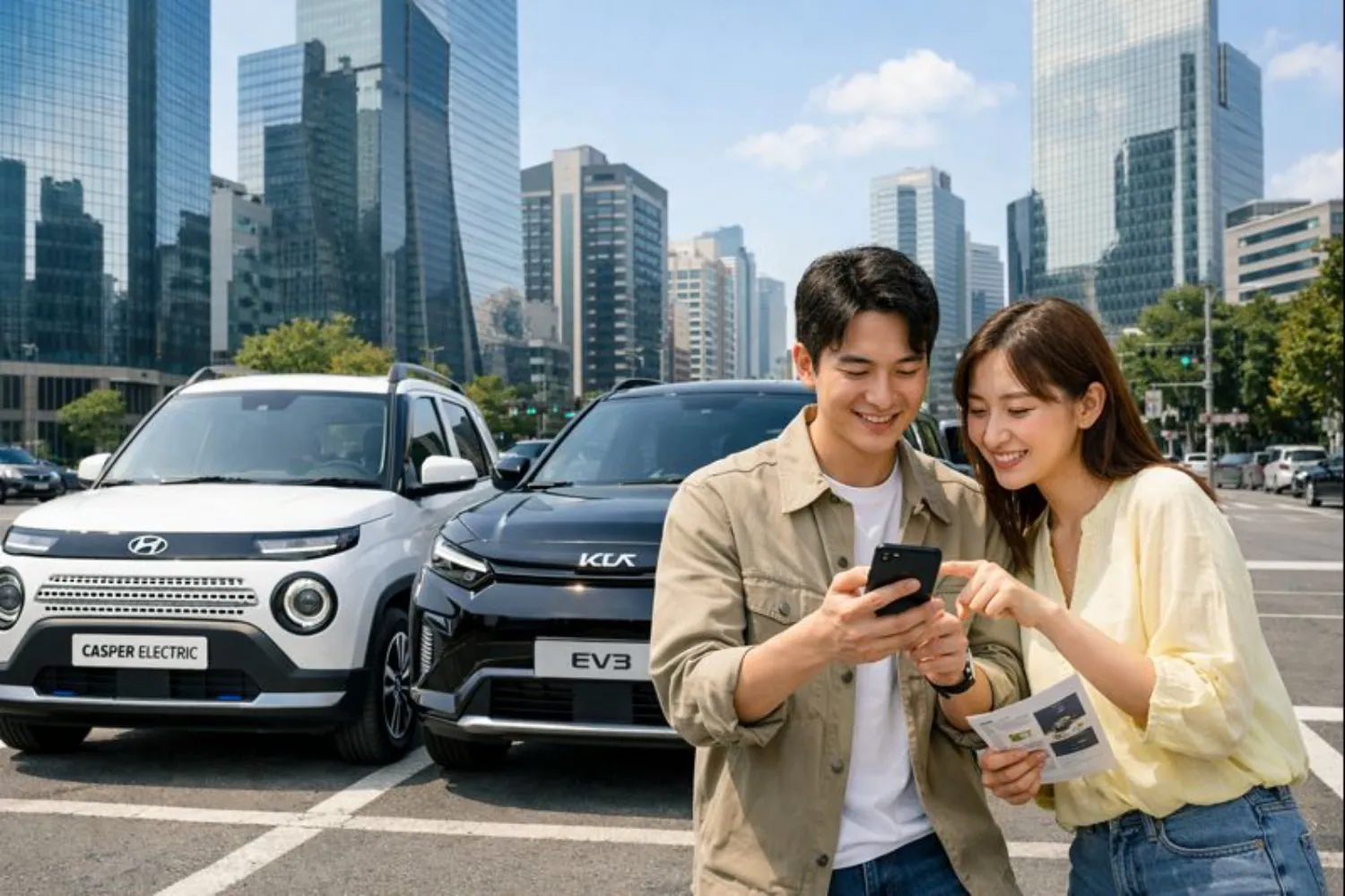 캐스퍼 EV 장기렌트 월 비용 계산하는 부부가 두 차량 중 하나를 선택하기 위해 도심 주차장에서 실물을 보고 스마트폰으로 렌트 회사의 금액을 확인하는 모습입니다.