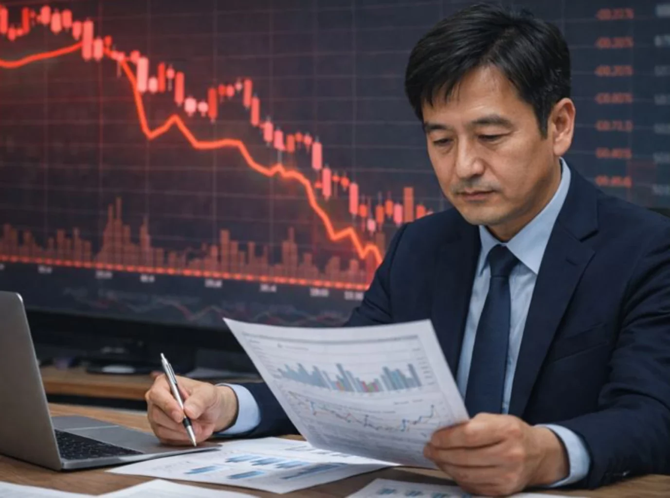 코스피 고점 이후 20% 하락 서류 검토하는 중년의 남성이 신중한 모습으로 기업 리포터를 바라고 있습니다. 맥북 프로 기업 정보 확인 중입니다.