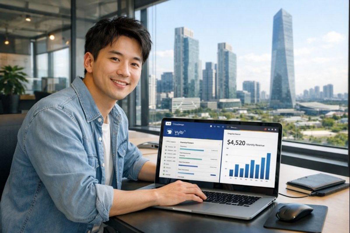 클라우드웨이즈 서버 벌쳐 사용해서 송도신도시 공유 사무실에서 작업하는 젊은 남성입니다. 빌딩 앞 센트럴파크 공원이 보입니다.