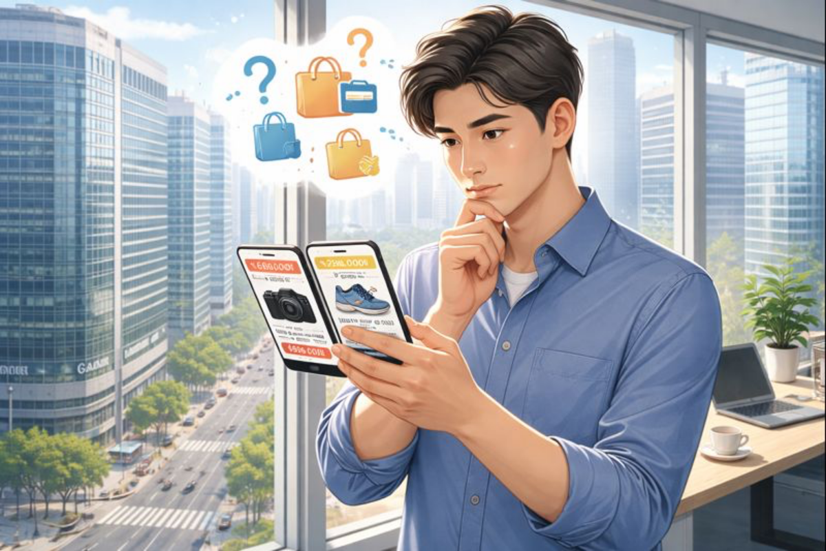 탈쿠팡 시대 자신에게 맞는 쇼핑몰을 검색하는 남성이다. 고층 빌딩 사건에서 스마트폰으로 쇼핑몰을 검색하며 고민하고 있다.