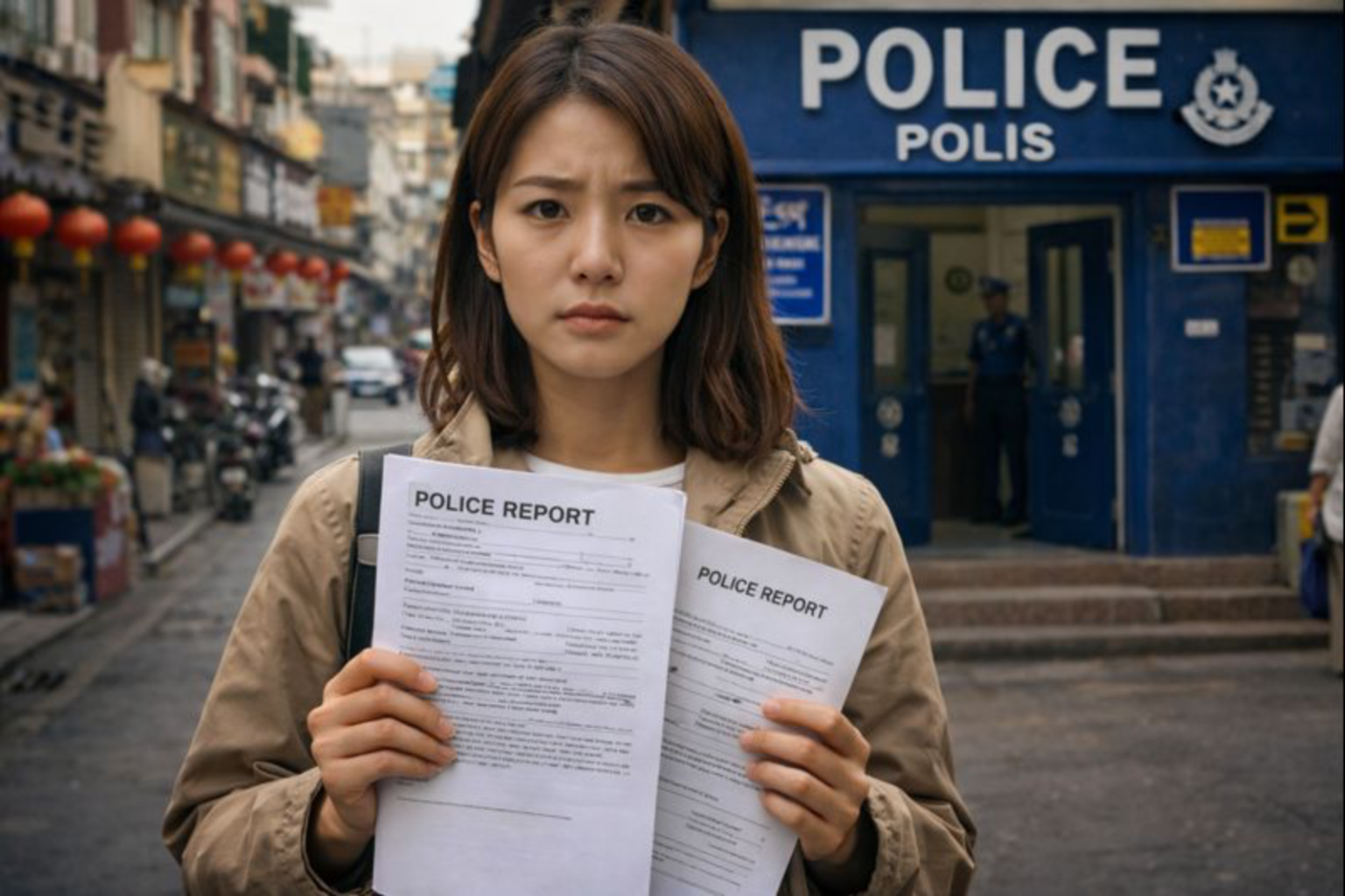 해외여행 중 휴대폰 분실 때문에 현지 경찰서에서 폴리스 리포트 작성하는데 여성 여행객입니다. 조금 심각한 표현으로 경찰서 앞에서 서류 작성하는 모습입니다.
