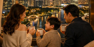 1박2일 호캉스 송도 쉐라톤 그랜드 인천 호텔을 선택한 가족이 센트럴파크 전경을 바라보면서 늦은 저녁 부부와 아이가 따뜻한 코코아를 마시는 모습입니다.