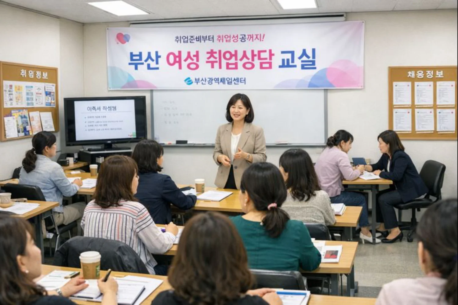 2026년 부산 여성인력개발센터 청년지원 과정에서 대해서 여성 강사님이 교실에서 회원들에게 설명하는 모습입니다.