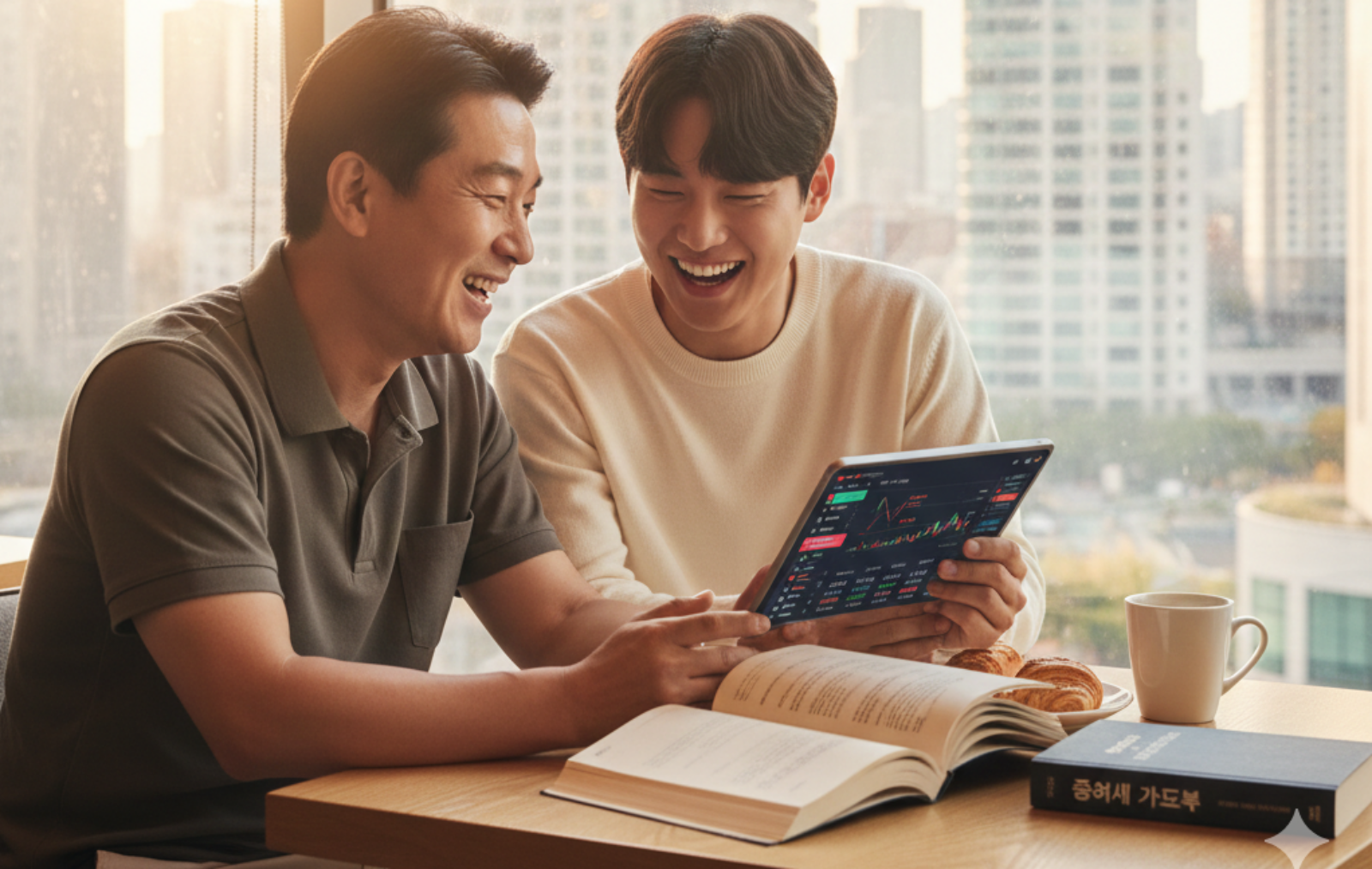 2026년 증여세 개정안 관해 아빠와 아들이 책상에 앉아 아이패드 프로를 보면서 이야기 나누는 모습입니다. 테이블 위에 커피와 빵이 보이네요.