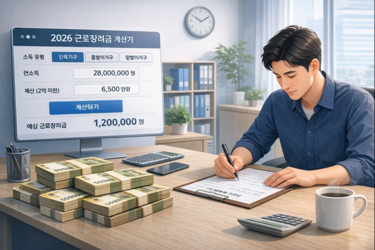 2026 근로장려금 소득별 지원금 계산기 젊은 남성이 책상에 앉아 근로장려금 신청을 작성하는 모습입니다. 책상 위 계산기와 커피로 집중 모드입니다.